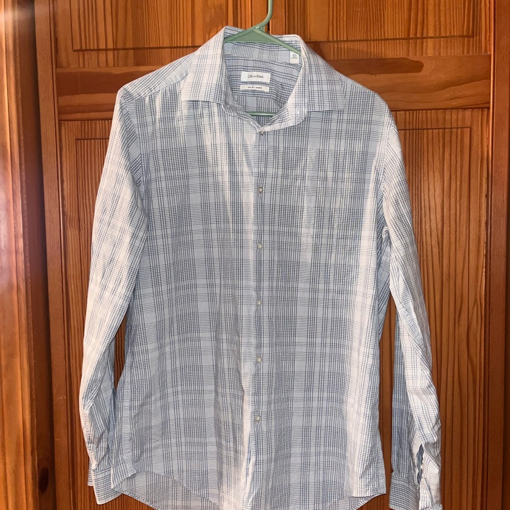 Calvin Klein Light Blue and White Checked Dress Shirt